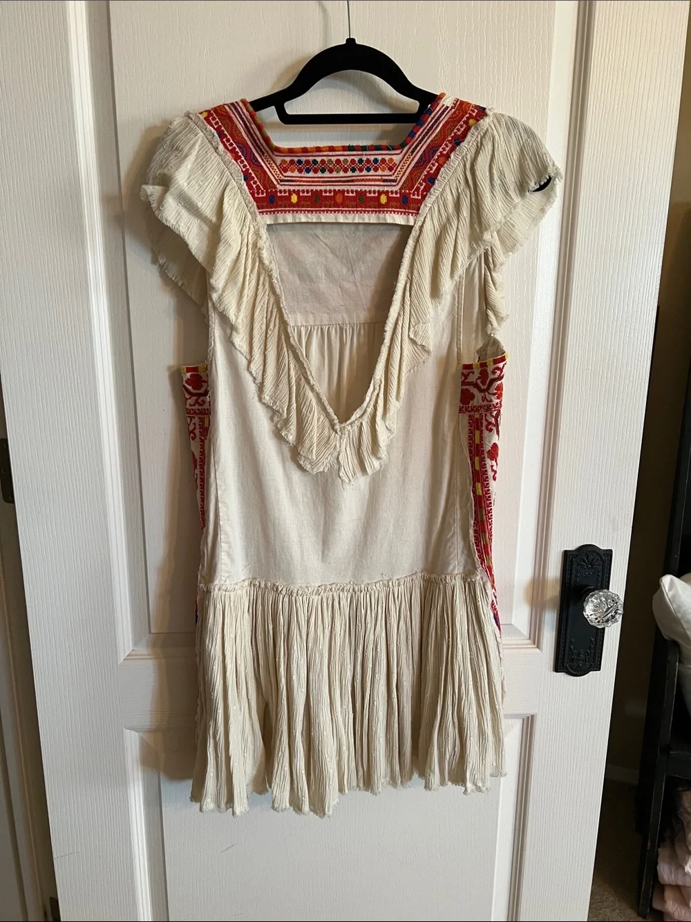 Free People Cream Mini Dress with Red Embroidered Yoke